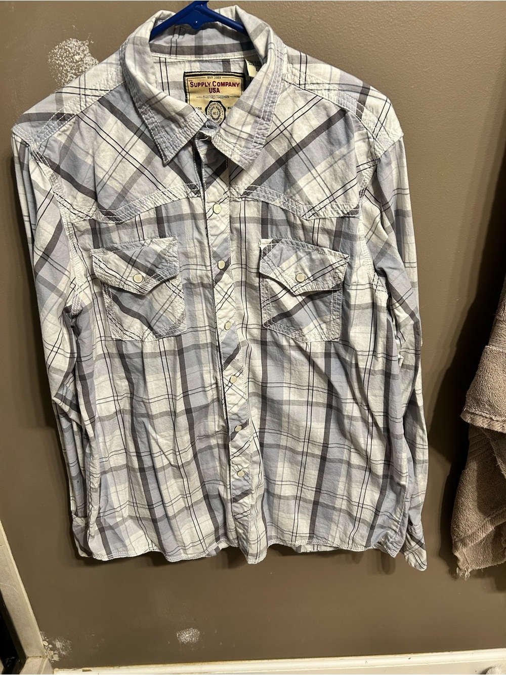 Men's Light Gray and White Plaid Button-Down Shirt